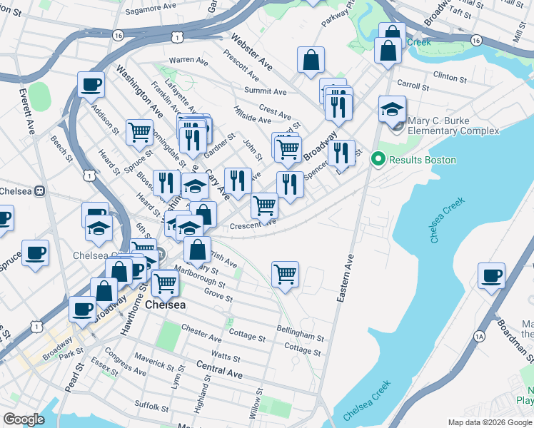 map of restaurants, bars, coffee shops, grocery stores, and more near 33 Spencer Avenue in Chelsea