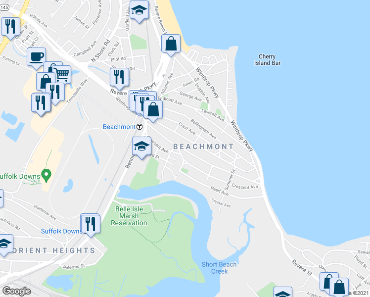 map of restaurants, bars, coffee shops, grocery stores, and more near 776 Winthrop Avenue in Revere