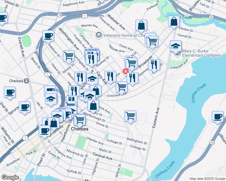 map of restaurants, bars, coffee shops, grocery stores, and more near 715a Broadway in Everett