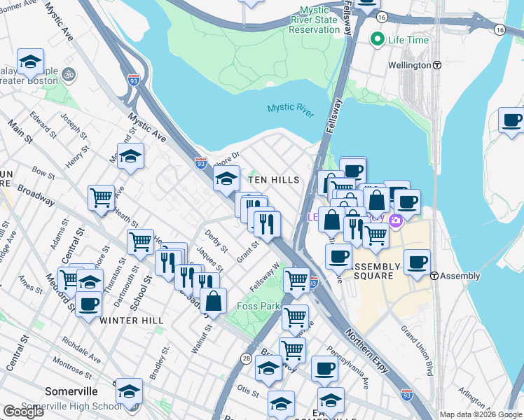 map of restaurants, bars, coffee shops, grocery stores, and more near 67 Bailey Road in Somerville