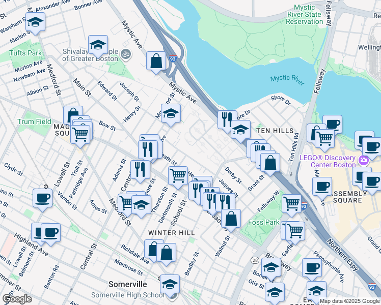 map of restaurants, bars, coffee shops, grocery stores, and more near 105 Jaques Street in Somerville