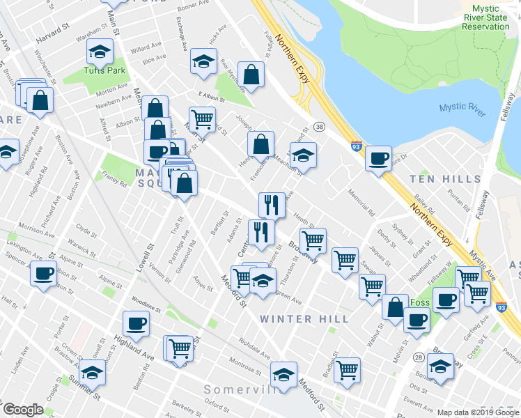 map of restaurants, bars, coffee shops, grocery stores, and more near 33 Main Street in Somerville
