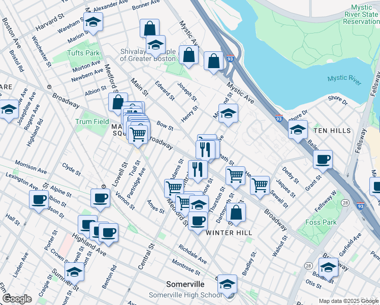 map of restaurants, bars, coffee shops, grocery stores, and more near 33 Main Street in Somerville