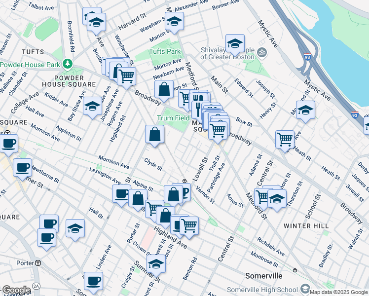 map of restaurants, bars, coffee shops, grocery stores, and more near in Somerville