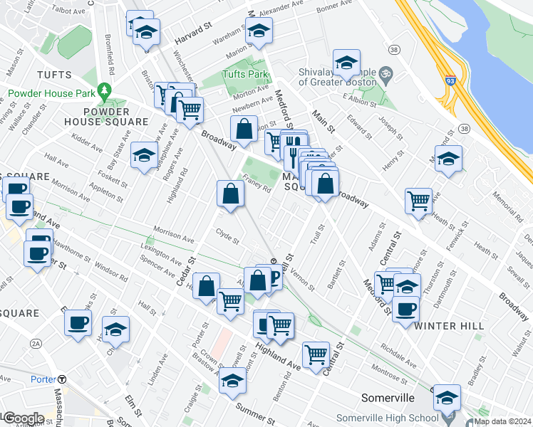 map of restaurants, bars, coffee shops, grocery stores, and more near 1 Franey Road in Somerville