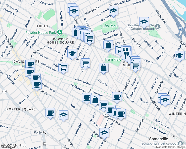 map of restaurants, bars, coffee shops, grocery stores, and more near 48 Boston Avenue in Somerville