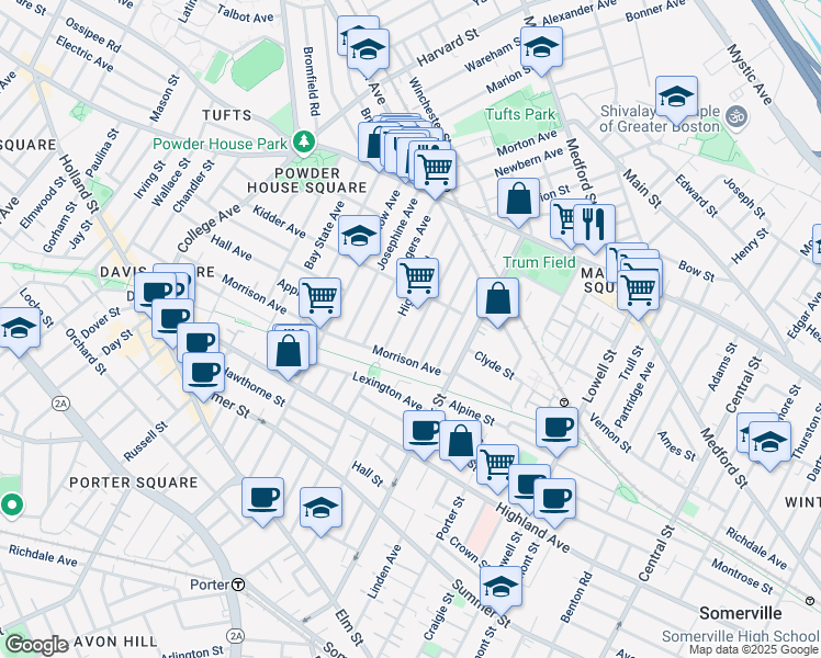 map of restaurants, bars, coffee shops, grocery stores, and more near 40 Pearson Avenue in Somerville