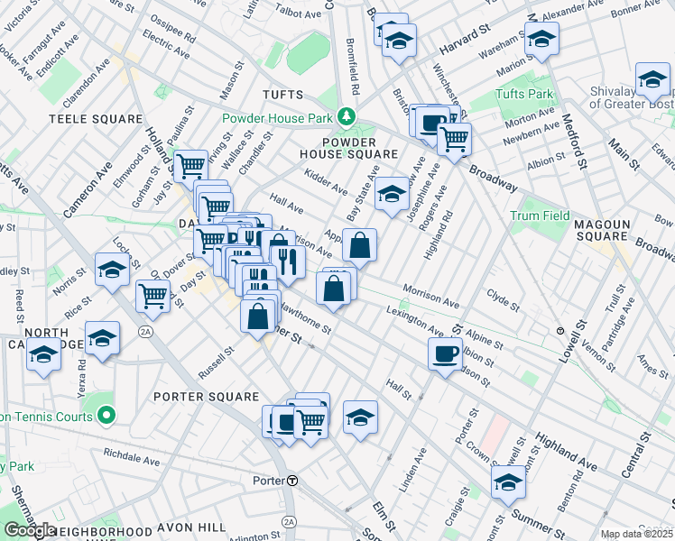 map of restaurants, bars, coffee shops, grocery stores, and more near 125 Morrison Avenue in Somerville