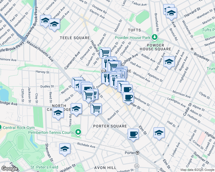 map of restaurants, bars, coffee shops, grocery stores, and more near 88 Dover Street in Somerville