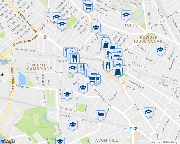 map of restaurants, bars, coffee shops, grocery stores, and more near 9 Locke Street in Cambridge