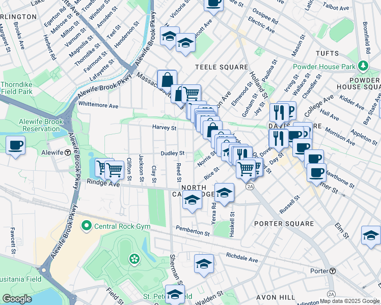 map of restaurants, bars, coffee shops, grocery stores, and more near 63 Dudley Street in Cambridge