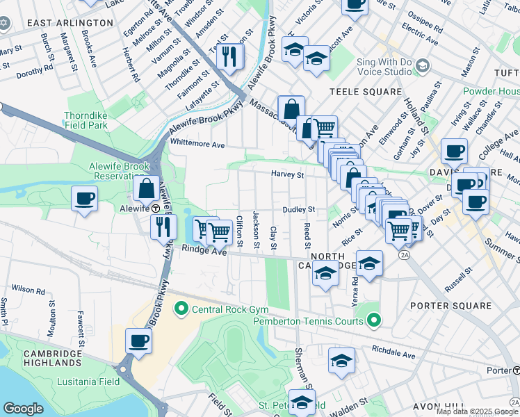 map of restaurants, bars, coffee shops, grocery stores, and more near 133 Dudley Street in Cambridge