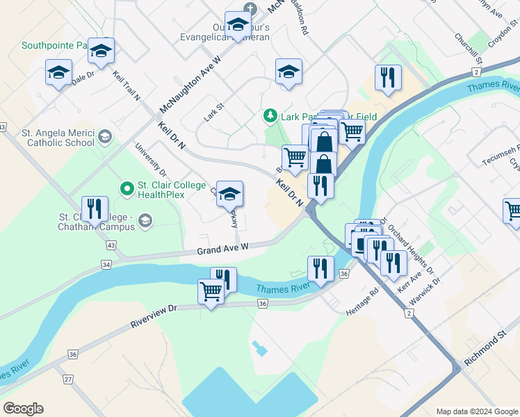 map of restaurants, bars, coffee shops, grocery stores, and more near 42 Trillium Village in Chatham-Kent