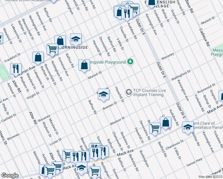 map of restaurants, bars, coffee shops, grocery stores, and more near 4197 Haverhill Street in Detroit