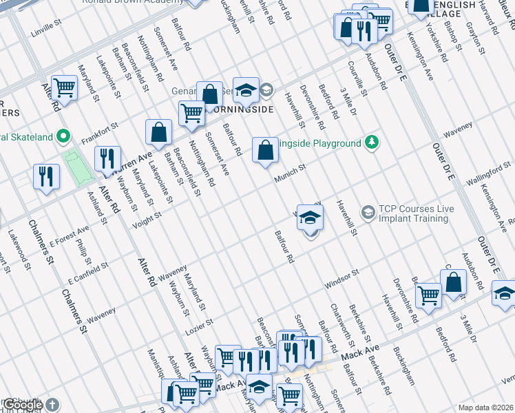 map of restaurants, bars, coffee shops, grocery stores, and more near 4380 Balfour Road in Detroit