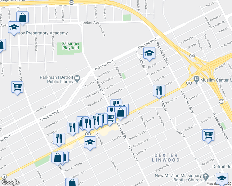 map of restaurants, bars, coffee shops, grocery stores, and more near 2496 Pasadena Street in Detroit