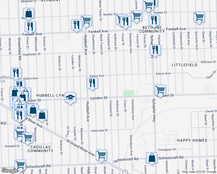 map of restaurants, bars, coffee shops, grocery stores, and more near 14591 Freeland Street in Detroit