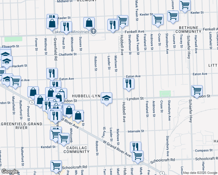 map of restaurants, bars, coffee shops, grocery stores, and more near 14606 Terry Street in Detroit