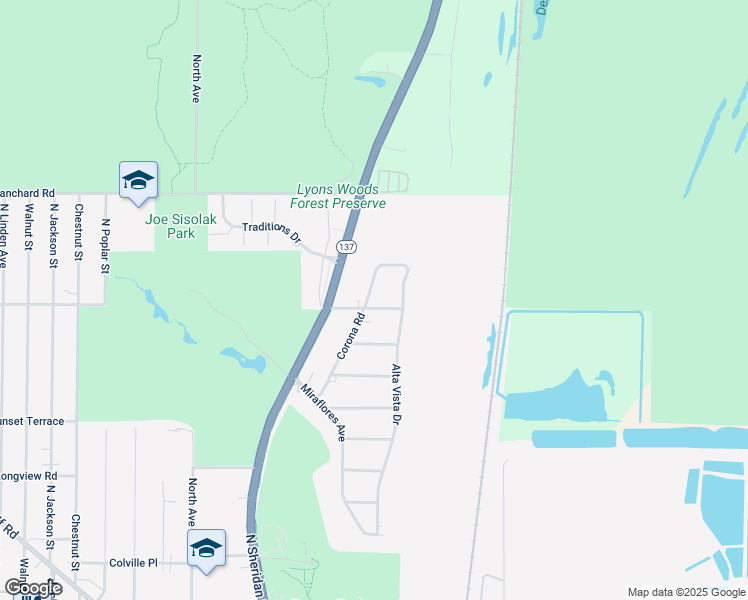 map of restaurants, bars, coffee shops, grocery stores, and more near 2415 Corona Road in Waukegan
