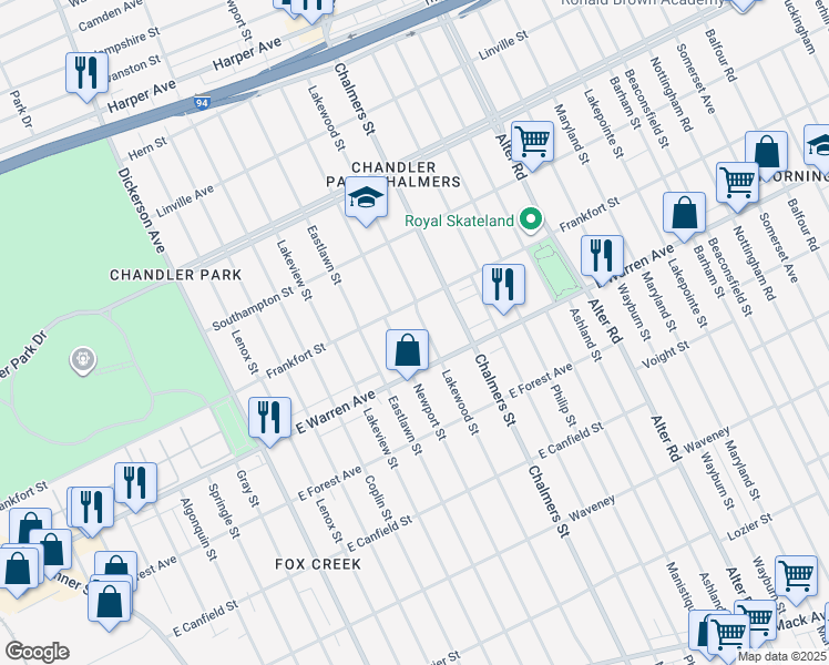 map of restaurants, bars, coffee shops, grocery stores, and more near 5061 Lakewood Street in Detroit