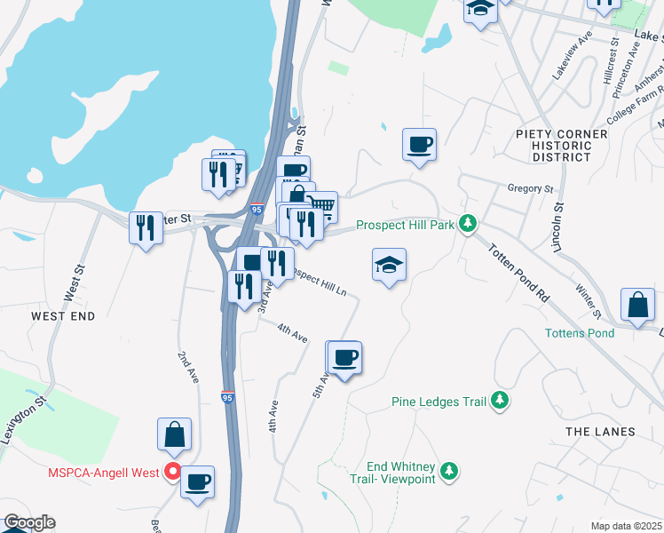 map of restaurants, bars, coffee shops, grocery stores, and more near 470 Totten Pond Road in Waltham