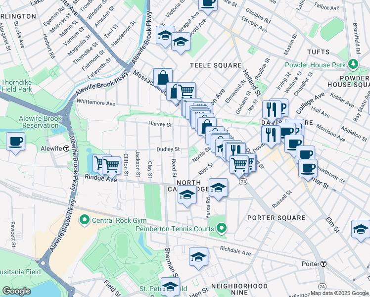 map of restaurants, bars, coffee shops, grocery stores, and more near 55 Dudley Street in Cambridge