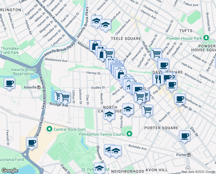 map of restaurants, bars, coffee shops, grocery stores, and more near 55 Dudley Street in Cambridge