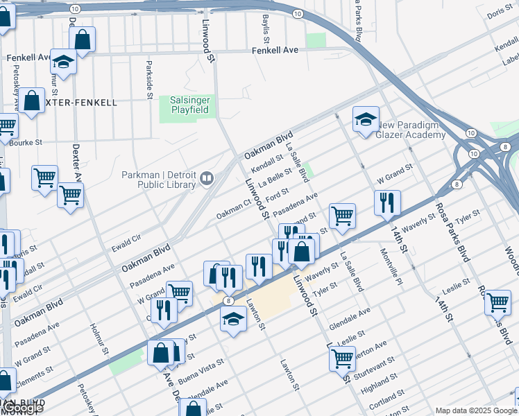 map of restaurants, bars, coffee shops, grocery stores, and more near 13835 Linwood Street in Detroit