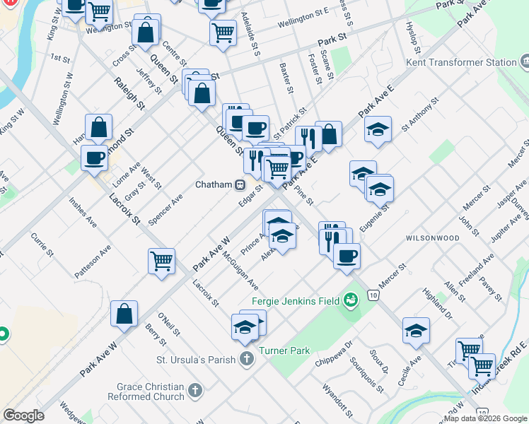 map of restaurants, bars, coffee shops, grocery stores, and more near 420 Queen Street in Chatham