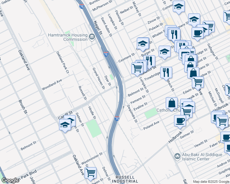 map of restaurants, bars, coffee shops, grocery stores, and more near 9962 Dyar Street in Hamtramck