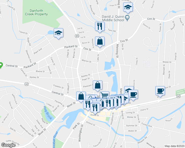 map of restaurants, bars, coffee shops, grocery stores, and more near Apsley St & Felton St in Hudson
