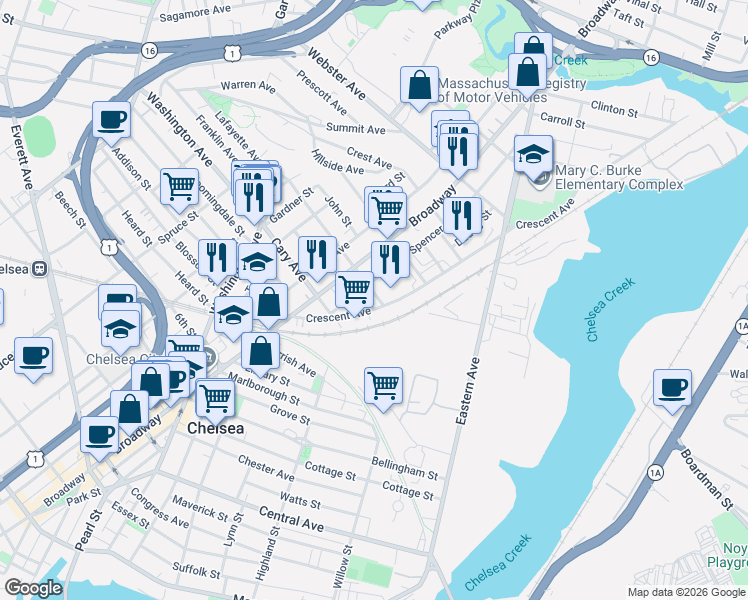 map of restaurants, bars, coffee shops, grocery stores, and more near 33 Spencer Avenue in Chelsea
