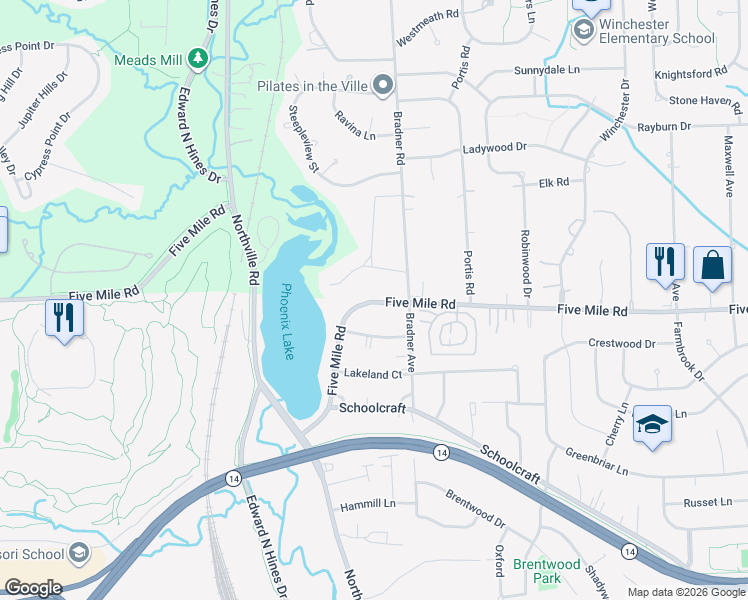 map of restaurants, bars, coffee shops, grocery stores, and more near 42500 Five Mile Road in Plymouth