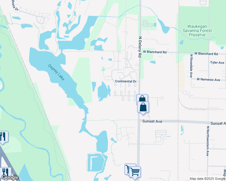 map of restaurants, bars, coffee shops, grocery stores, and more near 4238 Brentwood Lane in Waukegan