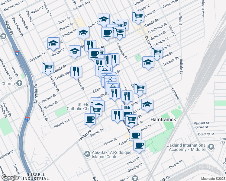 map of restaurants, bars, coffee shops, grocery stores, and more near 9459 Mitchell Street in Hamtramck