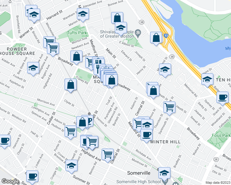map of restaurants, bars, coffee shops, grocery stores, and more near 5 Norwood Avenue in Somerville