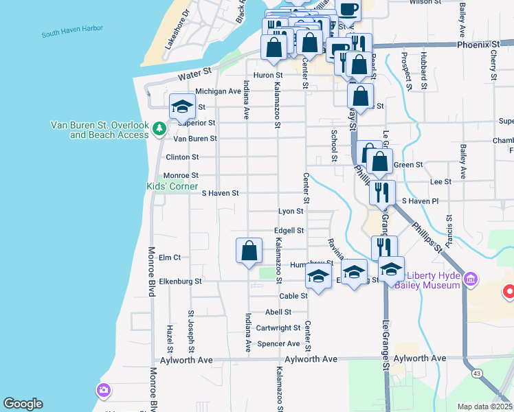 map of restaurants, bars, coffee shops, grocery stores, and more near 309 Lyon Street in South Haven