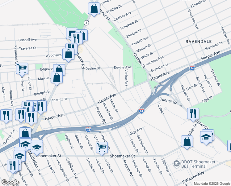 map of restaurants, bars, coffee shops, grocery stores, and more near 10900 Harper Avenue in Detroit