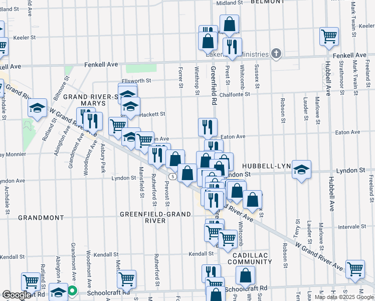 map of restaurants, bars, coffee shops, grocery stores, and more near 14642 Forrer Street in Detroit