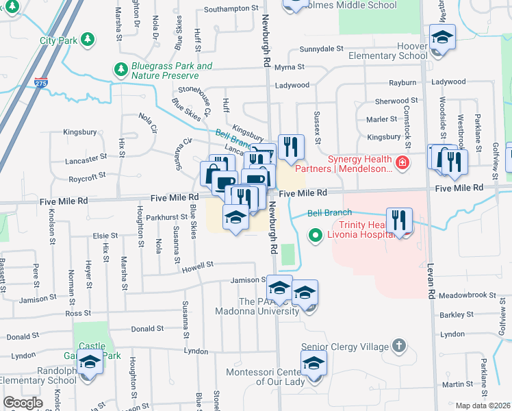 map of restaurants, bars, coffee shops, grocery stores, and more near 37601 Five Mile Road in Livonia