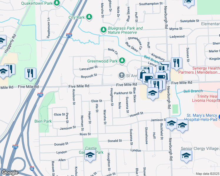 map of restaurants, bars, coffee shops, grocery stores, and more near 15283 Houghton Street in Livonia
