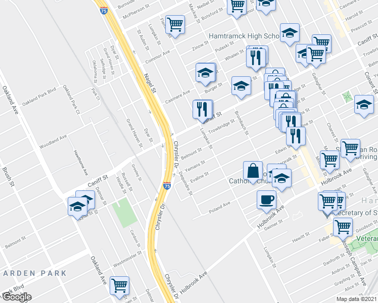 map of restaurants, bars, coffee shops, grocery stores, and more near 1969 Belmont Street in Hamtramck