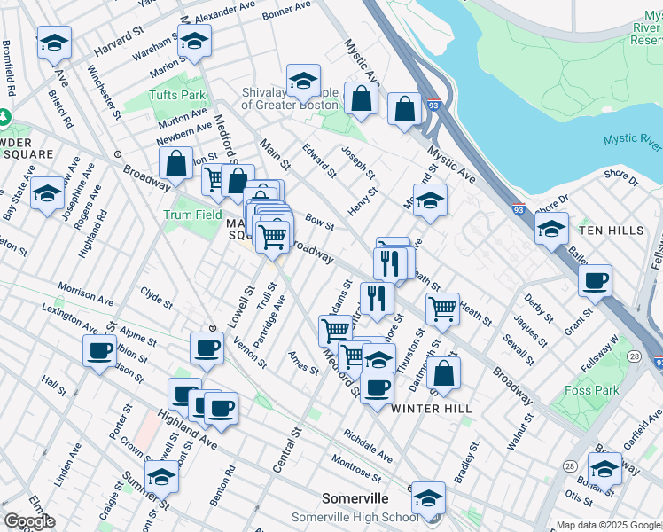 map of restaurants, bars, coffee shops, grocery stores, and more near 427A Broadway in Somerville