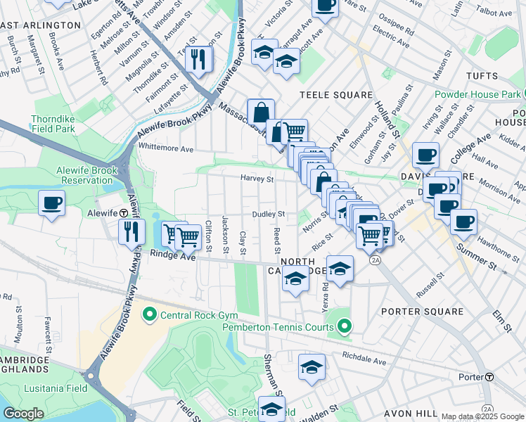 map of restaurants, bars, coffee shops, grocery stores, and more near 95 Dudley Street in Cambridge