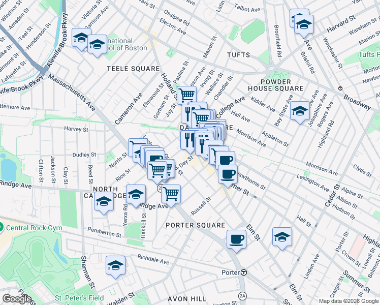 map of restaurants, bars, coffee shops, grocery stores, and more near 88 Dover Street in Somerville