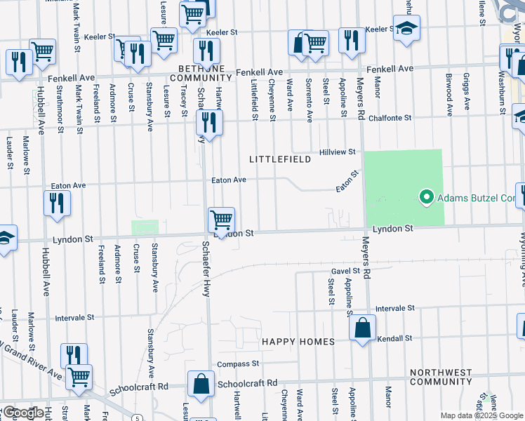 map of restaurants, bars, coffee shops, grocery stores, and more near 14566 Littlefield Street in Detroit