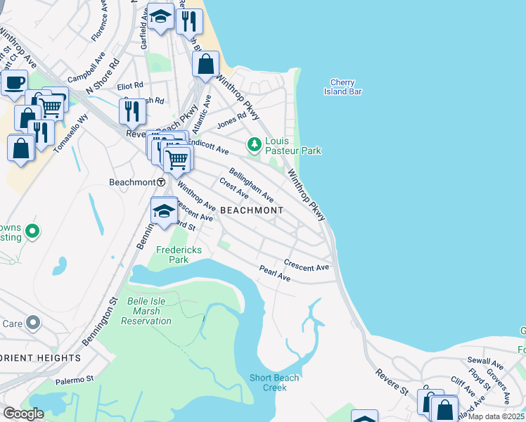 map of restaurants, bars, coffee shops, grocery stores, and more near 164 Crest Avenue in Revere