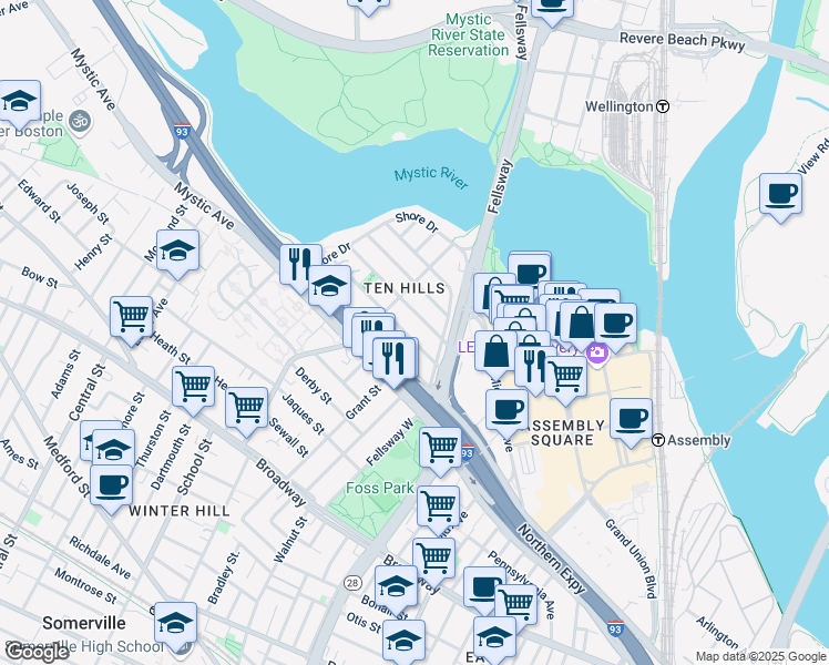 map of restaurants, bars, coffee shops, grocery stores, and more near 22 Puritan Road in Somerville