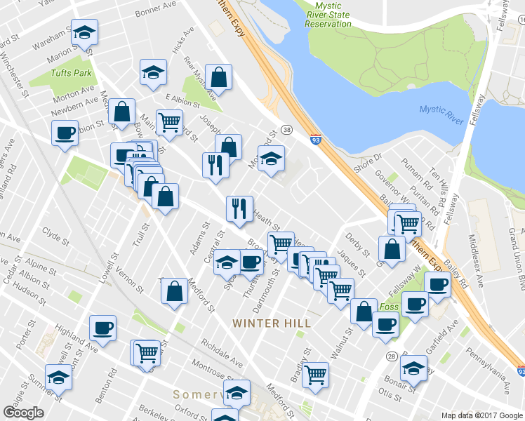 map of restaurants, bars, coffee shops, grocery stores, and more near 107 Heath Street in Somerville