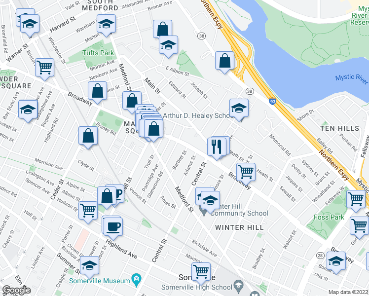 map of restaurants, bars, coffee shops, grocery stores, and more near 427A Broadway in Somerville